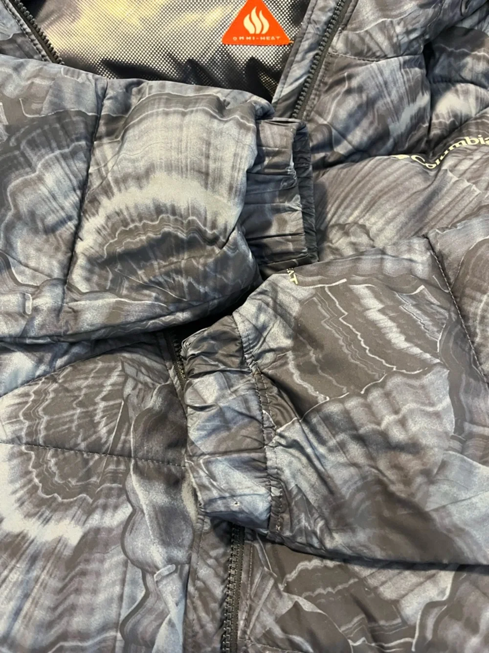 Columbia Omni Heat Full Zip hooded puffer jacket‎ blue marbled tie dye size XL